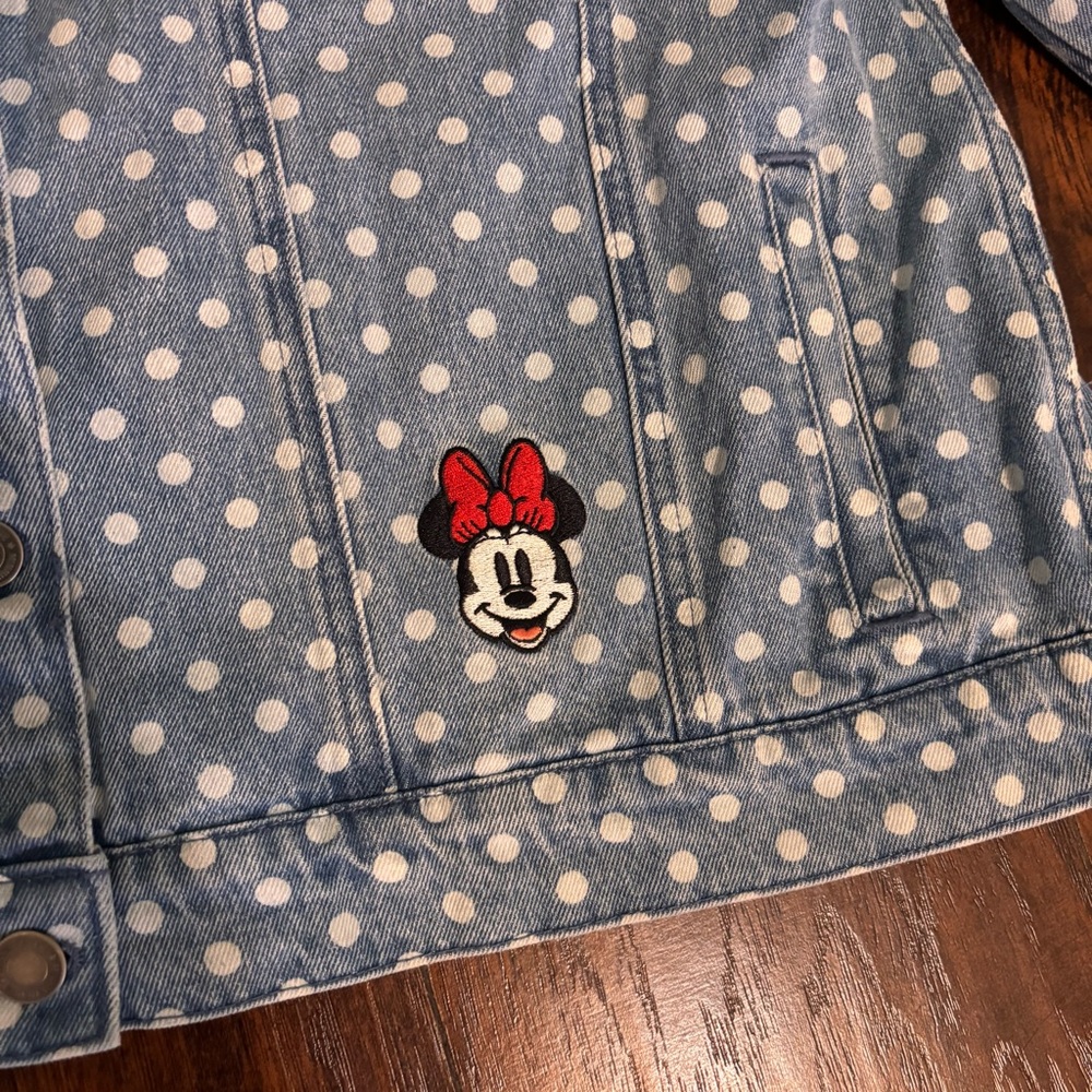Disney Light Blue Polka Dot Denim Jacket with Minnie’s Red Bow Patch - Picture 4 of 8